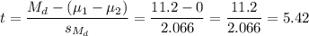t=\dfrac{M_d-(\mu_1-\mu_2)}{s_{M_d}}=\dfrac{11.2-0}{2.066}=\dfrac{11.2}{2.066}=5.42
