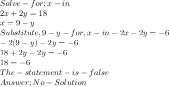 Solve-for ;x -in\\ 2x+2y =18\\x = 9-y\\Substitute , 9-y -for ,x- in -2x-2y=-6\\-2(9-y)-2y =-6\\18+2y-2y=-6\\18 = -6\\The -statement- is -false \\Answer ; No -Solution