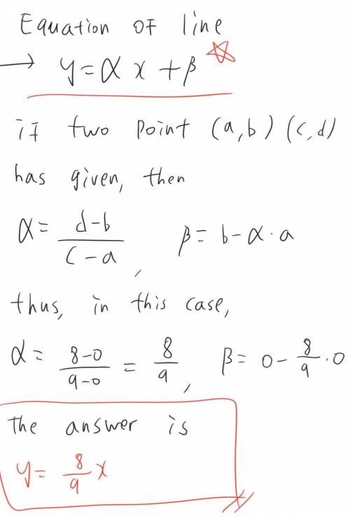 Find an equation of the line containing the given pair of points.
(0,0) and (9,8)