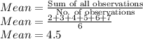 Mean = \frac{\text{Sum of all observations}}{\text{No. of observations}}\\Mean = \frac{2+3+4+5+6+7}{6}\\Mean =4.5