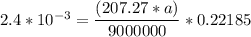 2.4*10^{-3}= \dfrac{(207.27 *a)}{9000000} *0.22185