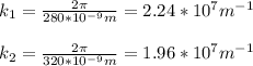 k_1=\frac{2\pi}{280*10^{-9}m}=2.24*10^7m^{-1}\\\\k_2=\frac{2\pi}{320*10^{-9}m}=1.96*10^7m^{-1}