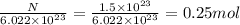 \frac{N}{6.022\times 10^{23}}=\frac{1.5\times 10^{23}}{6.022\times 10^{23}}=0.25mol