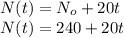 N(t) = N_o + 20t\\N(t) = 240 + 20 t
