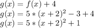 g(x) = f(x) + 4\\g(x) = 5*(x+2)^2 - 3 + 4\\g(x) = 5*(x + 2)^2 + 1