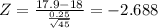 Z = \frac{17.9-18 }{\frac{0.25}{\sqrt{45} } } = -2.688