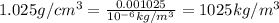 1.025g/cm^3=\frac{0.001025}{10^{-6}kg/m^3}=1025kg/m^3