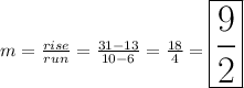 m=\frac{rise}{run}=\frac{31-13}{10-6}  =\frac{18}{4} =\huge\boxed{\frac{9}{2}}