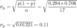 \sigma_p=\sqrt{\dfrac{p(1-p)}{n}}=\sqrt{\dfrac{0.294*0.706}{17}}\\\\\\ \sigma_p=\sqrt{0.01221}=0.11