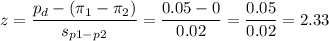 z=\dfrac{p_d-(\pi_1-\pi_2)}{s_{p1-p2}}=\dfrac{0.05-0}{0.02}=\dfrac{0.05}{0.02}=2.33
