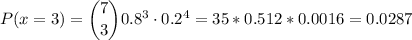 P(x=3) = \dbinom{7}{3} 0.8^{3}\cdot 0.2^{4}=35*0.512*0.0016=0.0287\\\\\\
