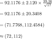 =92.1176\pm 2.120\times\frac{39.56}{\sqrt{17}}\\\\=92.1176\pm 20.3408\\\\=(71.7768, 112.4584)\\\\\approx (72, 112)