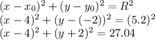 (x-x_0)^2+(y-y_0)^2=R^2\\(x-4)^2+(y-(-2))^2=(5.2)^2\\(x-4)^2+(y+2)^2=27.04