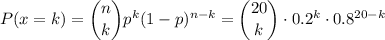 P(x=k)=\dbinom{n}{k}p^k(1-p)^{n-k}=\dbinom{20}{k}\cdot0.2^k\cdot0.8^{20-k}