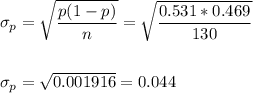 \sigma_p=\sqrt{\dfrac{p(1-p)}{n}}=\sqrt{\dfrac{0.531*0.469}{130}}\\\\\\ \sigma_p=\sqrt{0.001916}=0.044