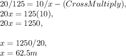 20 / 125 = 10 / x  - ( Cross Multiply ),\\20x = 125( 10 ),\\20x = 1250,\\\\x = 1250 / 20,\\x = 62.5 m