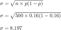 \sigma = \sqrt{n \times p(1-p)} \\\\\sigma = \sqrt{500 \times 0.16(1-0.16)} \\\\\sigma = 8.197