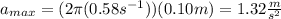 a_{max}=(2\pi (0.58s^{-1}))(0.10m)=1.32\frac{m}{s^2}