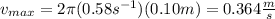v_{max}=2\pi (0.58s^{-1})(0.10m)=0.364\frac{m}{s}
