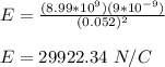 E = \frac{(8.99*10^9)(9*10^{-9})}{(0.052)^2} \\\\E = 29922.34 \ N/C