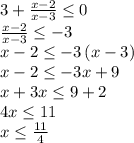 3+\frac{x-2}{x-3} \leq 0\\\frac{x-2}{x-3} \leq -3\\x-2\leq -3\,(x-3)\\x-2\leq -3x+9\\x+3x\leq 9+2\\4x\leq 11\\x\leq \frac{11}{4}