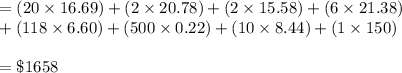 = (20  \times 16.69)+(2 \times 20.78)+(2  \times 15.58)+(6  \times 21.38)\\+(118  \times 6.60)+(500  \times 0.22)+(10  \times 8.44)+(1  \times 150)\\\\=\$1658