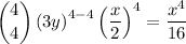 $\binom{4}{4} \left(3 y\right)^{4-4} \left(\frac{x}{2}\right)^{4}=\frac{x^{4}}{16}$