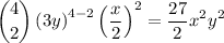 $\binom{4}{2} \left(3 y\right)^{4-2} \left(\frac{x}{2}\right)^{2}=\frac{27}{2} x^{2} y^{2}$