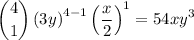 $\binom{4}{1} \left(3 y\right)^{4-1} \left(\frac{x}{2}\right)^{1}=54 x y^{3}$
