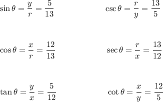 \sin \theta=\dfrac{y}{r}=\dfrac{5}{13}\qquad \qquad \qquad \csc \theta=\dfrac{r}{y}=\dfrac{13}{5}\\\\\\\\\cos \theta=\dfrac{x}{r}=\dfrac{12}{13}\qquad \qquad \qquad \sec \theta=\dfrac{r}{x}=\dfrac{13}{12}\\\\\\\\\tan \theta=\dfrac{y}{x}=\dfrac{5}{12}\qquad \qquad \qquad \cot \theta=\dfrac{x}{y}=\dfrac{12}{5}