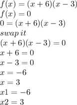 f(x) = (x + 6)(x - 3) \\ f(x) = 0 \\ 0 = (x + 6)(x - 3) \\ swap \: it \\ (x + 6)(x - 3) = 0 \\ x + 6 = 0 \\ x - 3 = 0 \\ x =  - 6 \\ x = 3 \\ x1 =  - 6 \\ x2 = 3