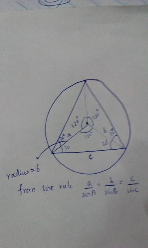 A circle has a radius of 6 in. The inscribed equilateral triangle will have an area of:
