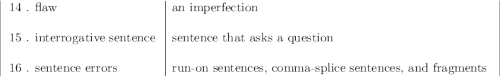 \left|\begin{array}{l|lc}$14 . flaw &$an imperfection \\\\$15 . interrogative sentence & $sentence that asks a question \\\\$16 . sentence errors&$run-on sentences, comma-splice sentences, and fragments \end{array}\right|