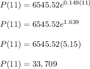 P(11) = 6545.52 e^{0.149(11)} \\\\P(11) = 6545.52 e^{1.639} \\\\ P(11) = 6545.52 (5.15) \\\\P(11) = 33,709