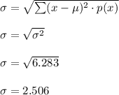 \sigma = \sqrt{\sum (x - \mu)^2 \cdot p(x)} \\\\\sigma = \sqrt{\sigma^2} \\\\\sigma = \sqrt{6.283} \\\\\sigma = 2.506
