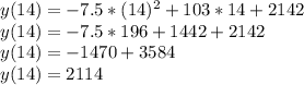 y(14) = -7.5*(14)^2 + 103*14 + 2142\\y(14) = -7.5*196 + 1442 + 2142\\y(14) = -1470 + 3584\\y(14) = 2114