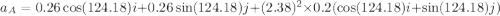 a_{A}=0.26\cos(124.18)i+0.26\sin(124.18)j+(2.38)^2\times0.2(\cos(124.18)i+\sin(124.18)j)