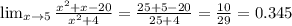 \lim_{x\rightarrow 5}\frac{x^2+x-20}{x^2+4}=\frac{25+5-20}{25+4}=\frac{10}{29}=0.345