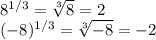 8^{1/3}=\sqrt[3]{8} =2 \\(-8)^{1/3}=\sqrt[3]{-8}=-2