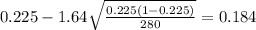 0.225 - 1.64 \sqrt{\frac{0.225(1-0.225)}{280}}=0.184
