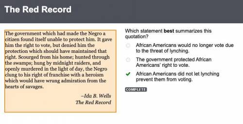 Which statement best summarizes this

quotation?
a. African Americans would no longer vote due
to th