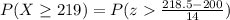 P(X \ge 219 ) =  P(z   \frac{218.5 - 200}{14} )