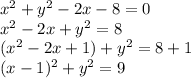 x^2 + y^2 - 2x - 8 = 0\\x^2 - 2x + y^2 = 8\\(x^2 - 2x + 1) + y^2 = 8 + 1\\(x - 1)^2 + y^2 = 9
