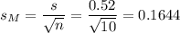 s_M=\dfrac{s}{\sqrt{n}}=\dfrac{0.52}{\sqrt{10}}=0.1644