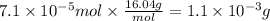 7.1 \times 10^{-5}mol \times \frac{16.04g}{mol} = 1.1 \times 10^{-3} g