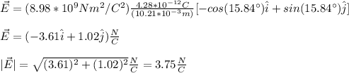 \vec{E}=(8.98*10^9Nm^2/C^2)\frac{4.28*10^{-12}C}{(10.21*10^{-3}m)}[-cos(15.84\°)\hat{i}+sin(15.84\°)\hat{j}]\\\\\vec{E}=(-3.61\hat{i}+1.02\hat{j})\frac{N}{C}\\\\|\vec{E}|=\sqrt{(3.61)^2+(1.02)^2}\frac{N}{C}=3.75\frac{N}{C}