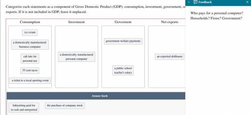 Categorize each statements as a component of Gross Domestic Product (GDP): consumption, investment,