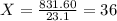 X= \frac{831.60}{23.1}=36