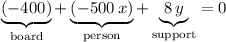 \underbrace{(-400)}_{\text{board}} + \underbrace{(-500\,x)}_{\text{person}} + \underbrace{8\, y}_{\text{support}} = 0