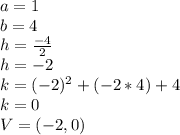 a=1\\b=4\\h=\frac{-4}{2}\\h=-2\\k=(-2)^2+(-2*4)+4\\k=0\\V=(-2,0)\\